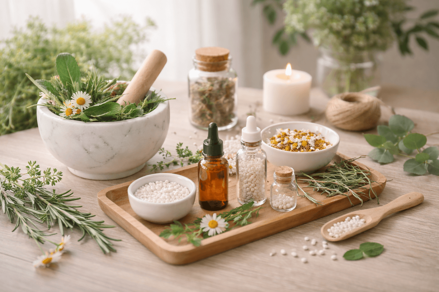 Natural homeopathic remedies with herbs and mortar